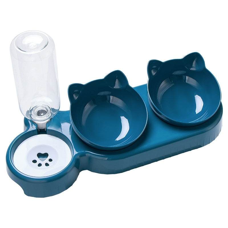 Plastic double bowl pet feeder with anti-roll design for cats in multiple colors