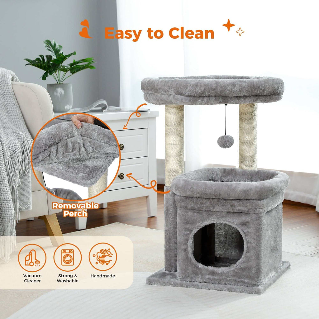 Cozy gray cat tree condo with two perches, sisal scratching posts, and plush fabric for medium cats