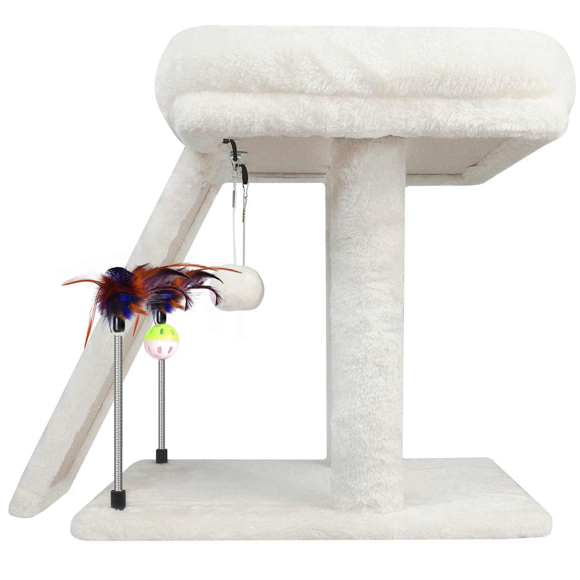 Beige cat tree with condo, scratching post, hammock, and hanging balls for cats