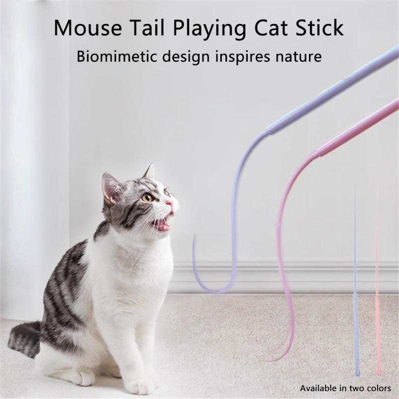 Simulated mouse tail cat teaser toy with silicone long tail and cute cat head design for interactive pet play