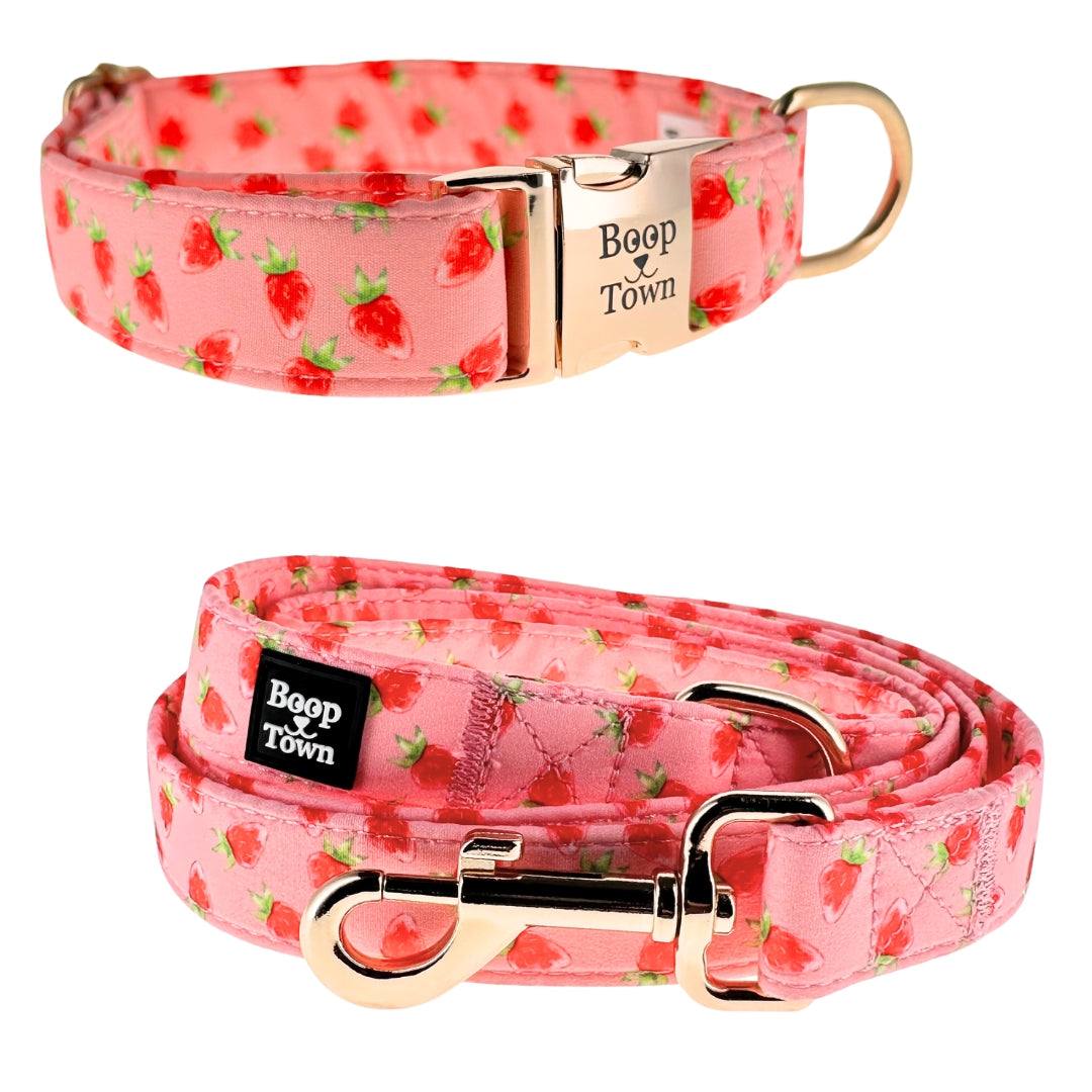 Boop Town dog collar and leash set with soft cotton fabric and gold-toned hardware for comfort and style