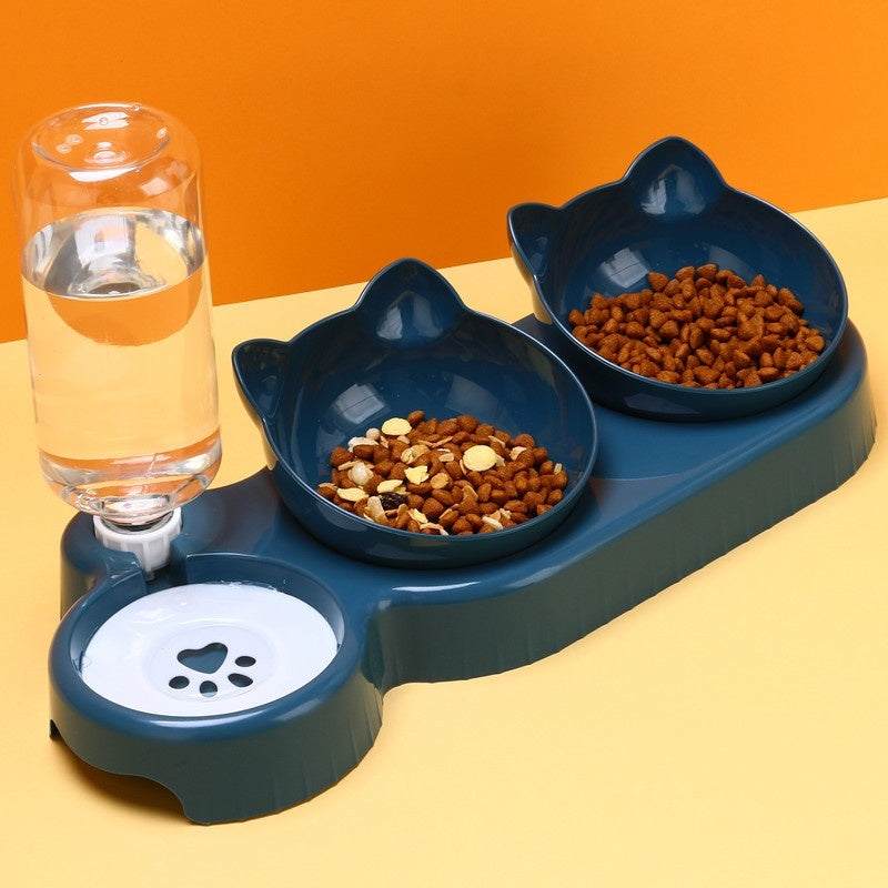 Plastic double bowl pet feeder for cats in various colors