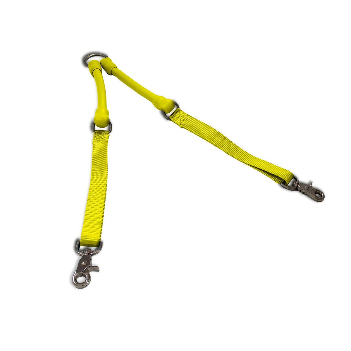 Two dogs walking side-by-side using CRAZYcoupl’r™ tangle-free double dog leash connector