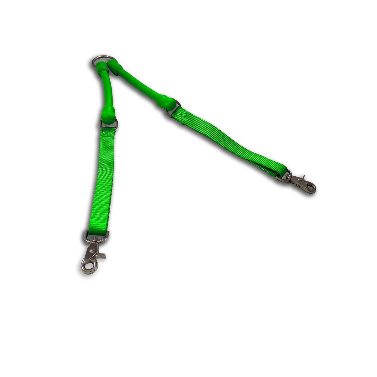 Two dogs walking side-by-side using CRAZYcoupl’r™ tangle-free double dog leash connector