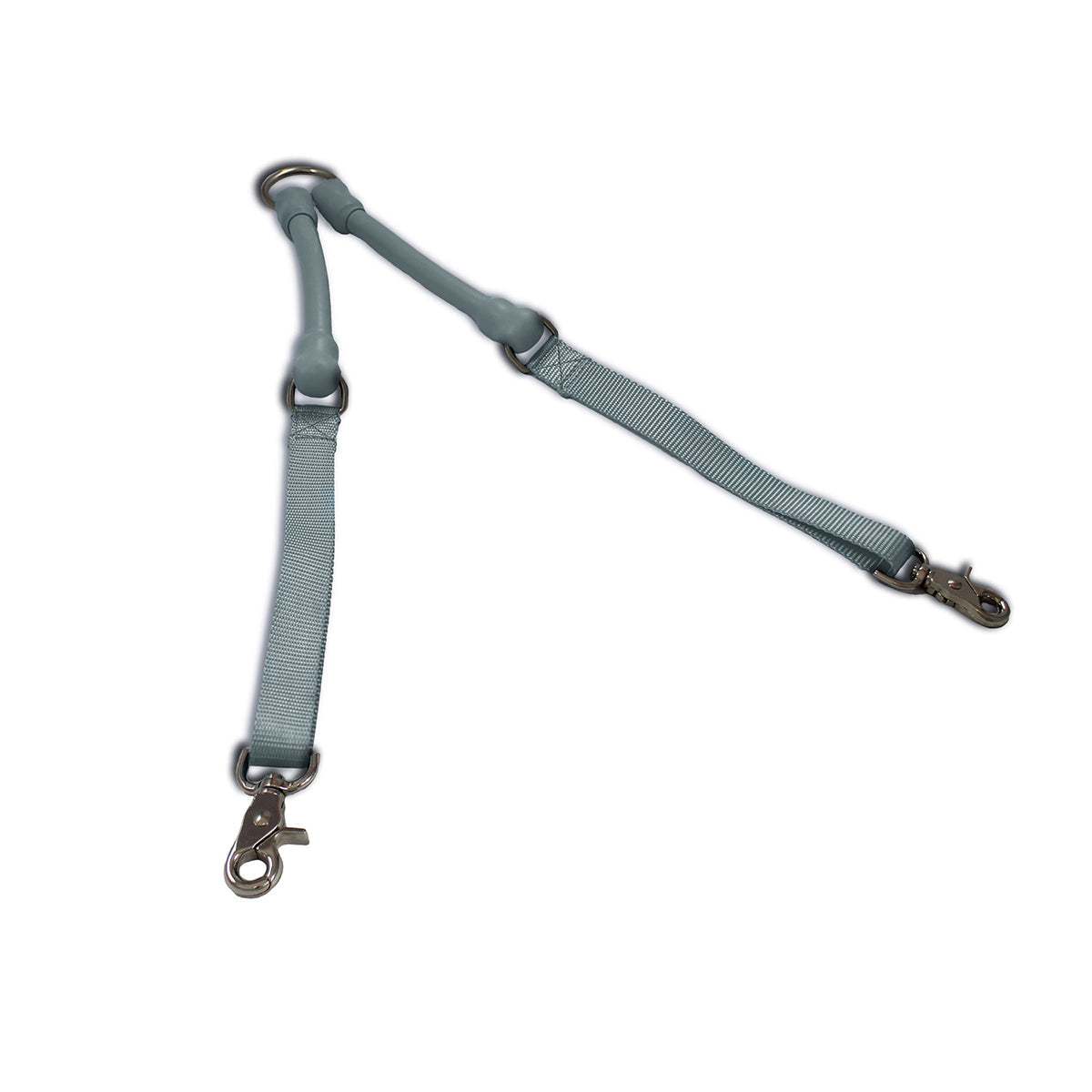 Two dogs walking side-by-side using the CRAZYcoupl’r™ tangle-free double dog leash connector