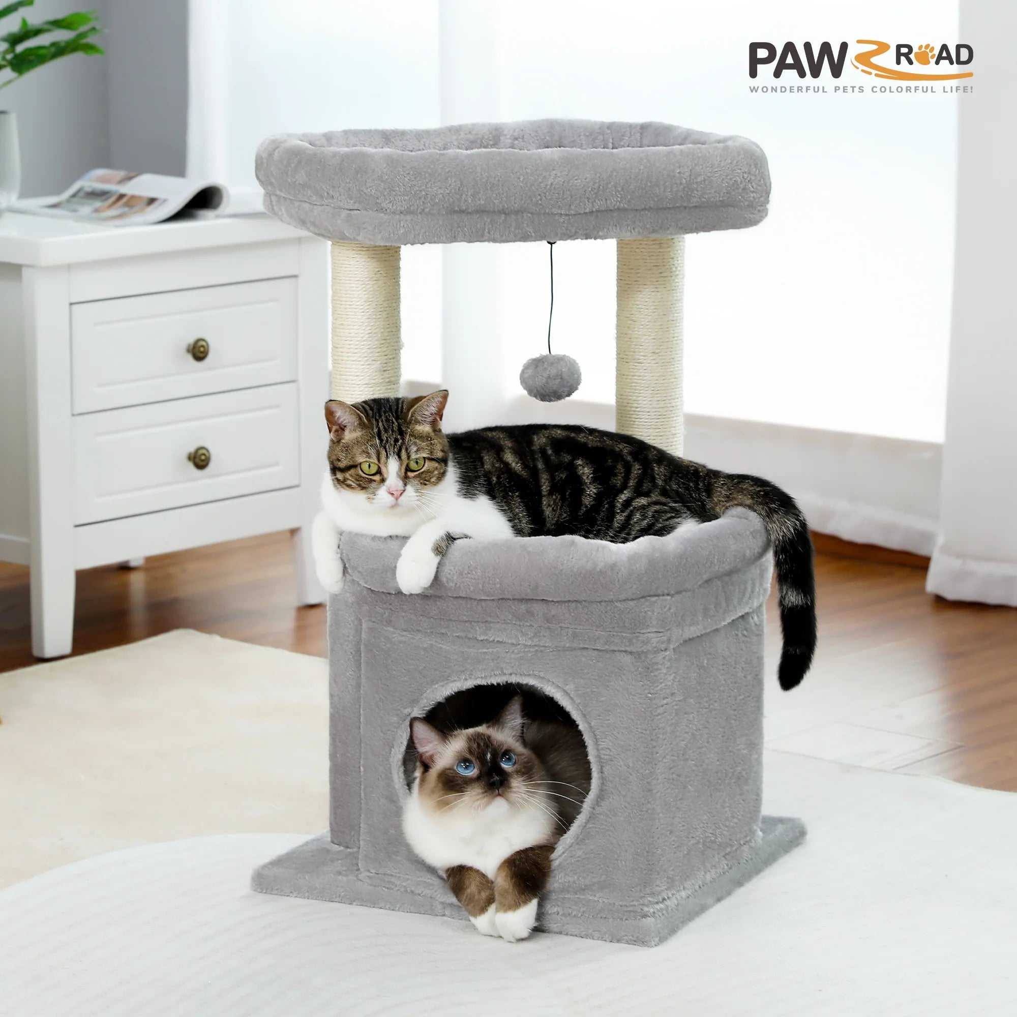 Cozy gray cat tree condo with multi-level tower, spacious perch, sisal scratching posts, and plush fabric for medium cats