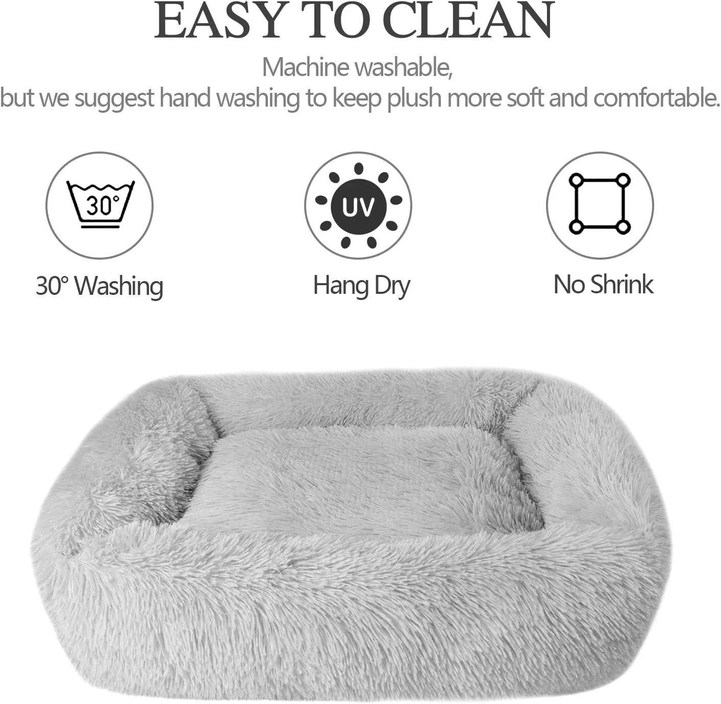 Light gray plush cat bed for indoor cats and small dogs up to 25 lbs with non-slip waterproof bottom