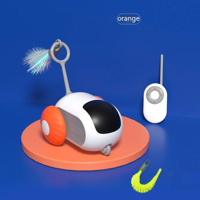 Remote control electric cat toy in orange sports car design with USB charging and smart obstacle avoidance features
