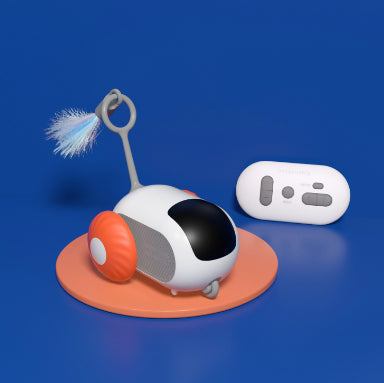 Blue remote control electric cat toy car with USB charging and smart obstacle avoidance features