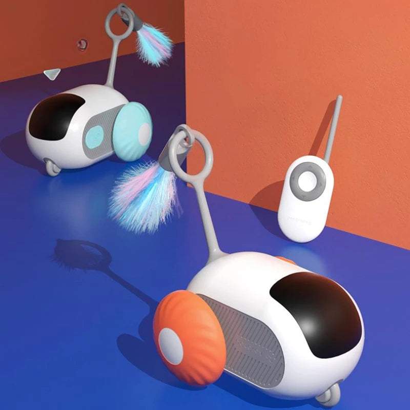 Blue remote control electric cat toy car with USB charging and smart obstacle avoidance system