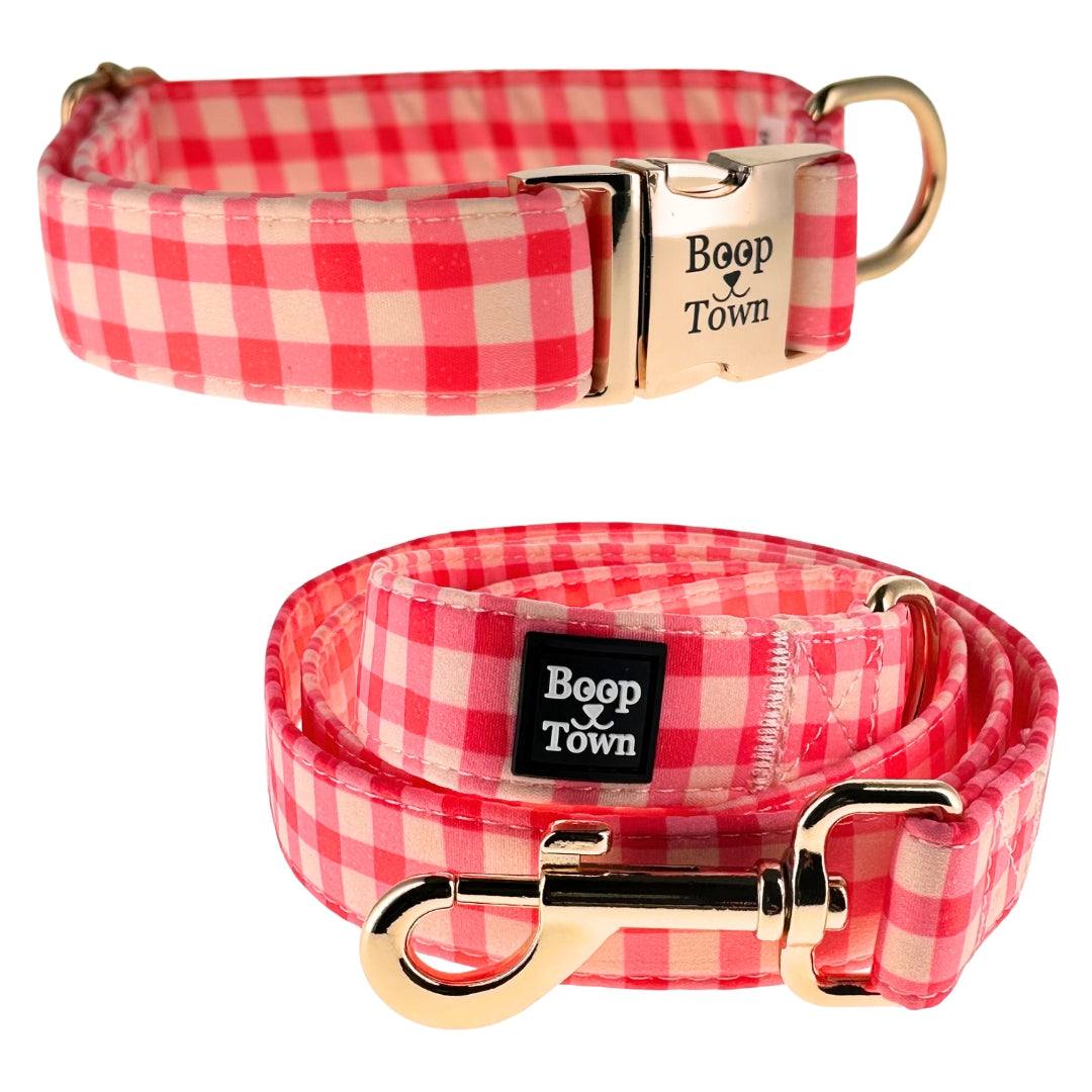 Dog collar and leash set made of soft cotton with gold-toned hardware for comfort and style