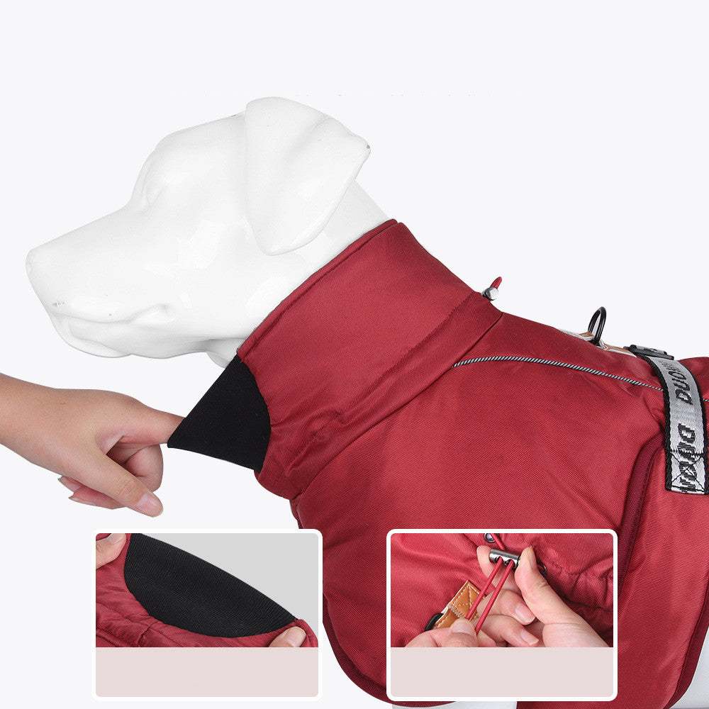 Warm dog clothes cloak style with reflective strips and adjustable design