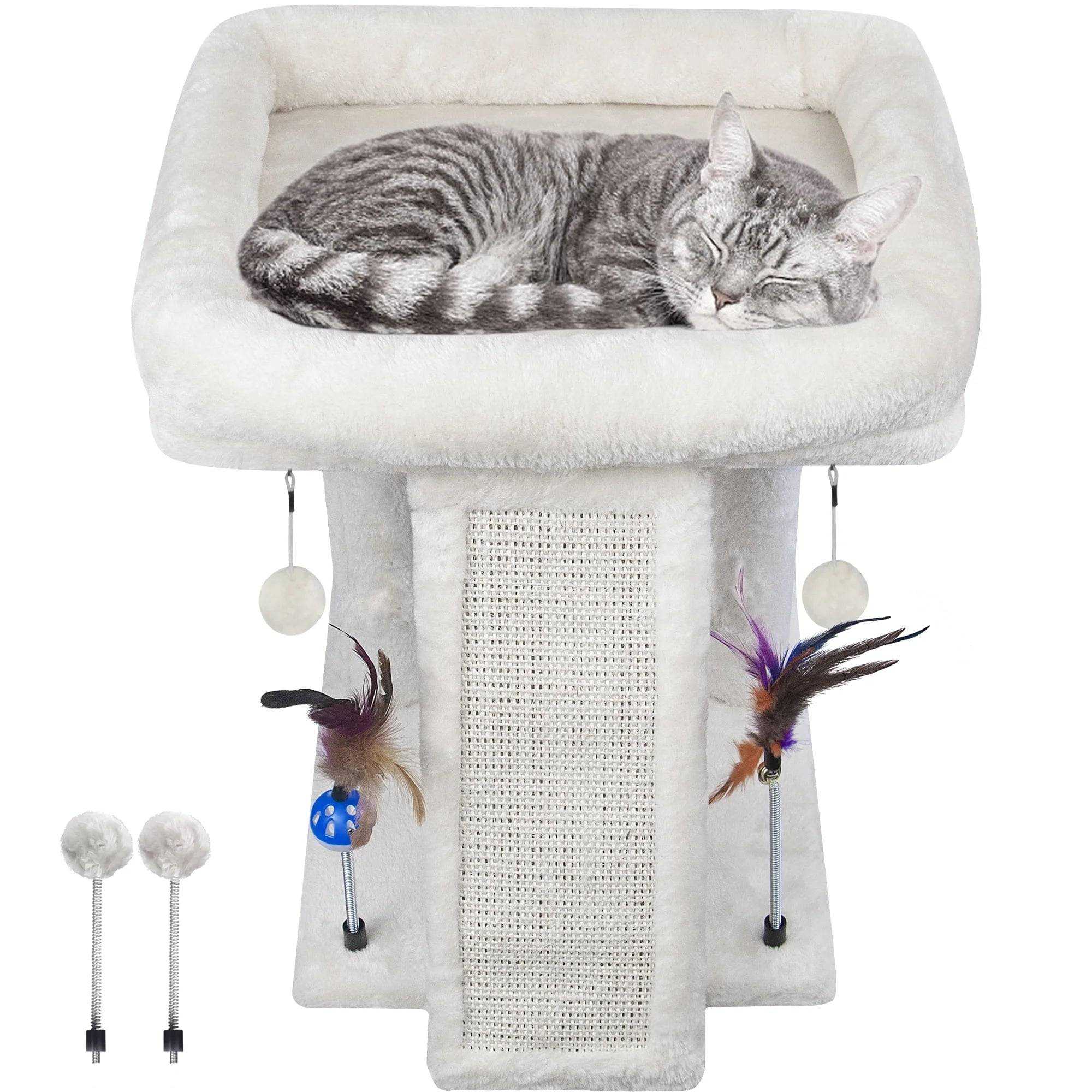 Beige cat tree with condo, scratch post, hammock, and hanging balls for cats