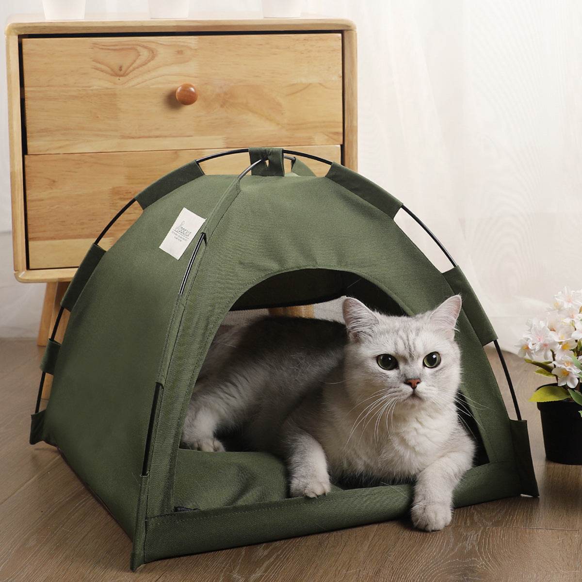 Military green cat tent cooling mat with cushion for indoor pet comfort and travel