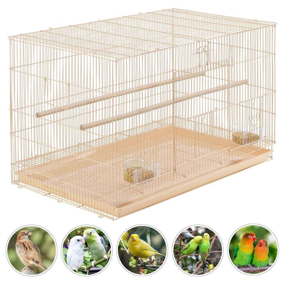 30 inch bird cage with slide-out tray and wooden perches for small birds in almond color