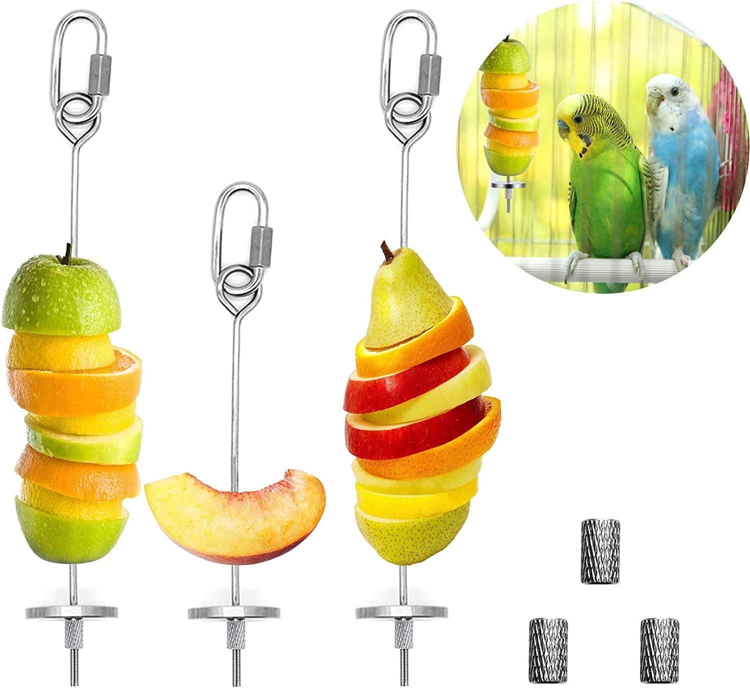 Stainless steel 3-piece bird food holder with hanging hook and washers for fresh fruit and vegetable feeding
