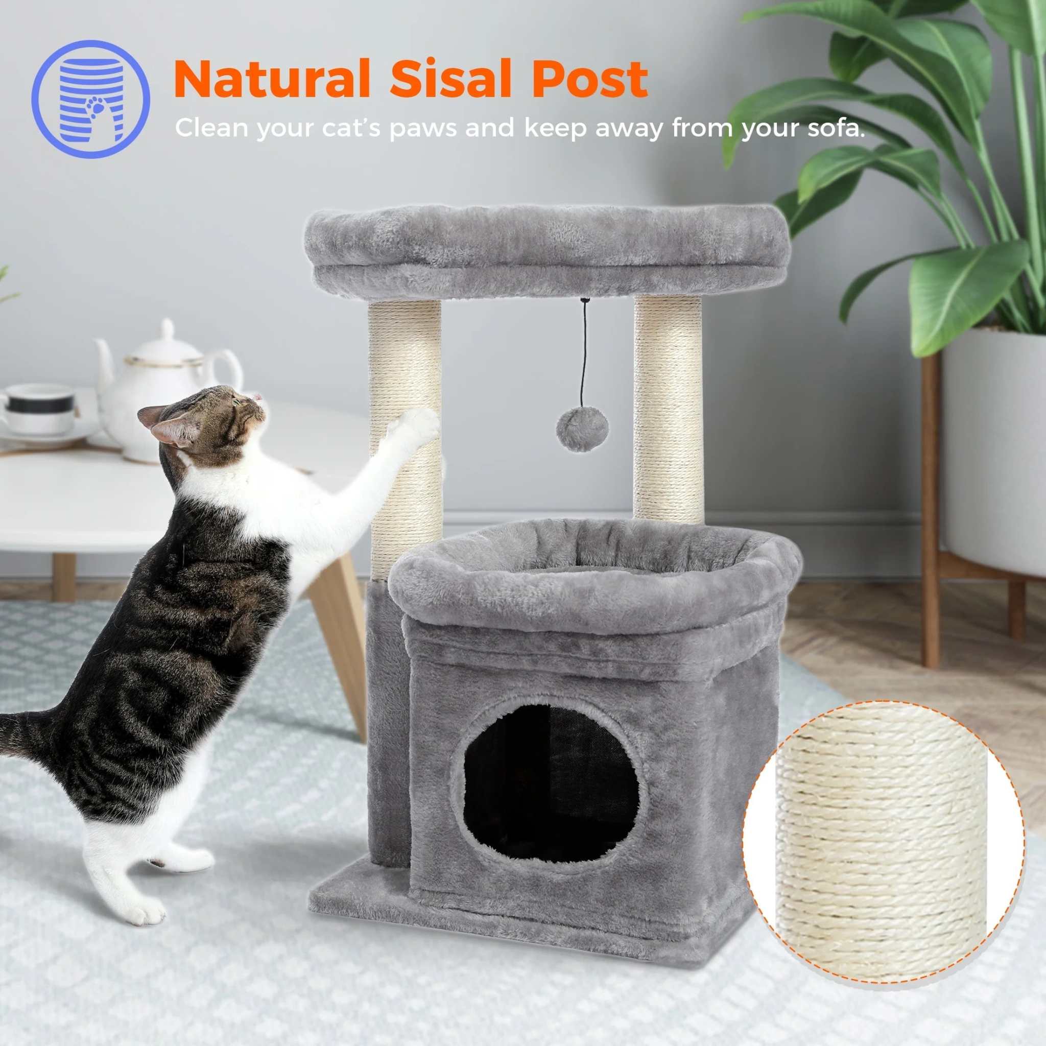 Cozy gray cat tree condo with multi-level perches and sisal scratching posts for medium cats