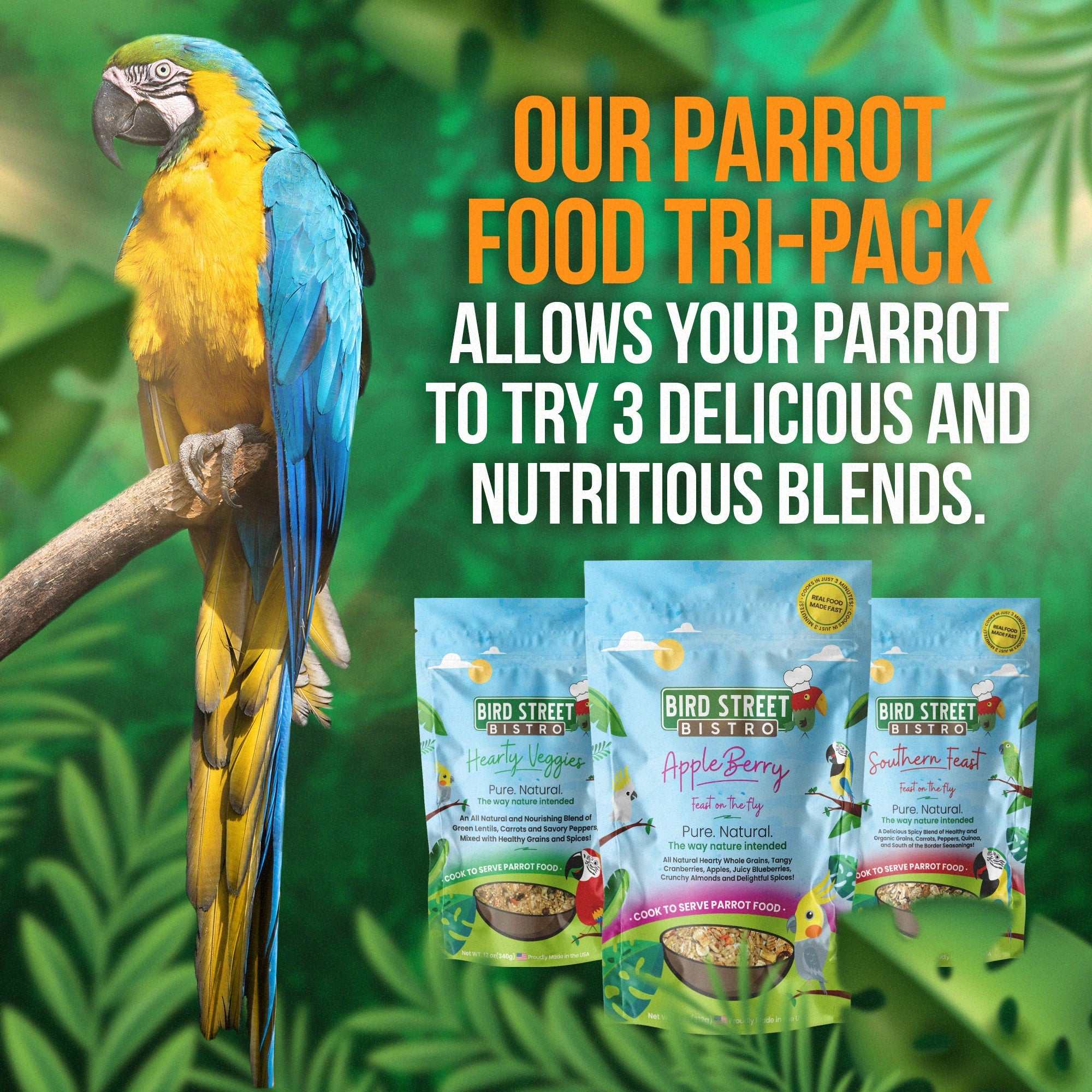 Parrot Food Tri-Pack sampler with three nutritious blends for parrots including Hearty Veggies, Southern Feast, and AppleBerry.