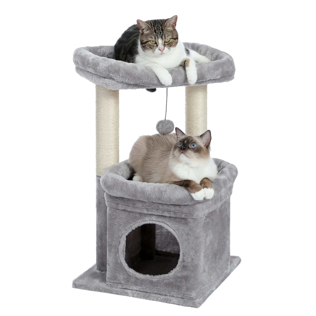 Cozy gray cat tree condo with multi-level tower, spacious perch, and sisal scratching posts for kittens and medium cats