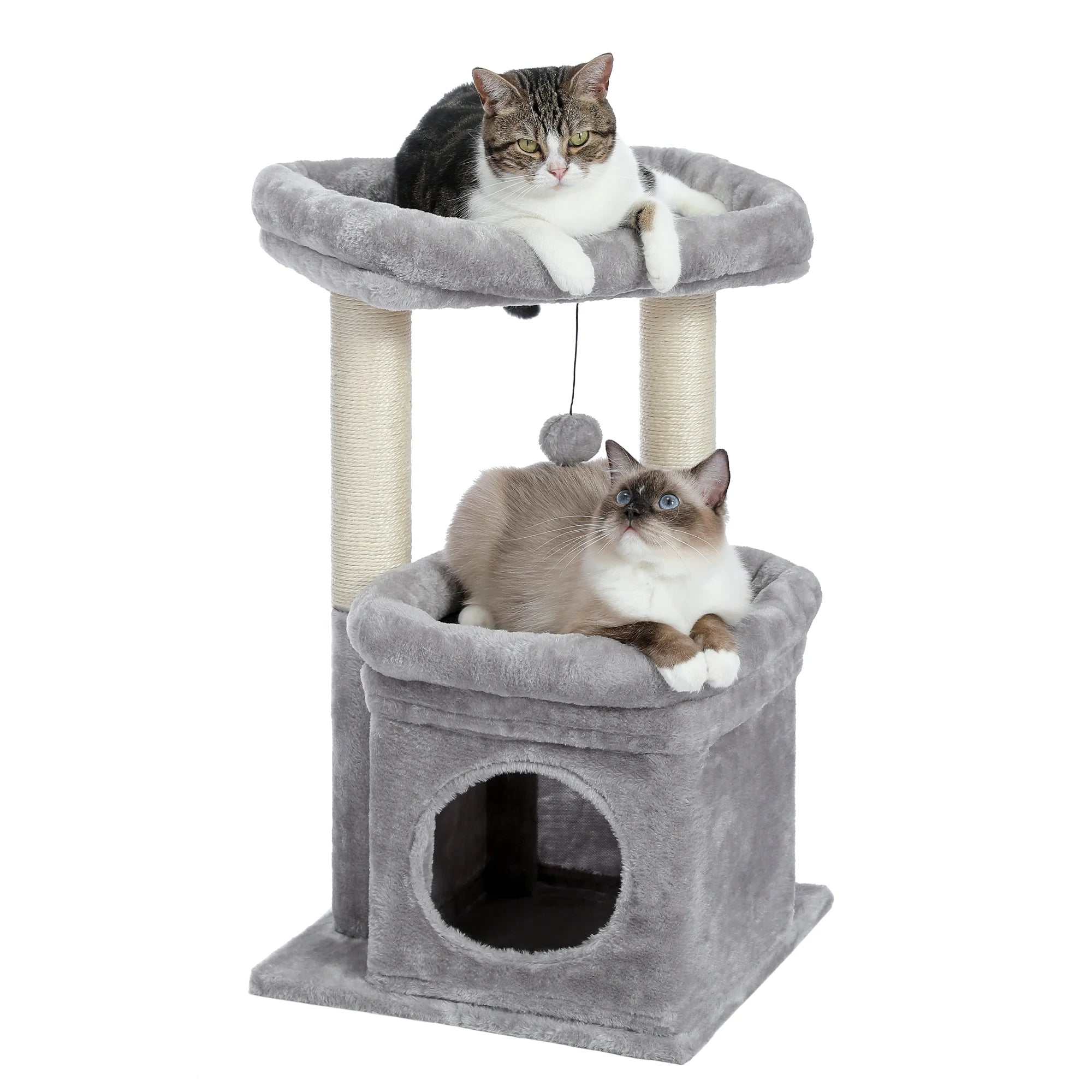 Cozy gray cat tree condo with multi-level tower, spacious perch, and sisal scratching posts for kittens and medium cats