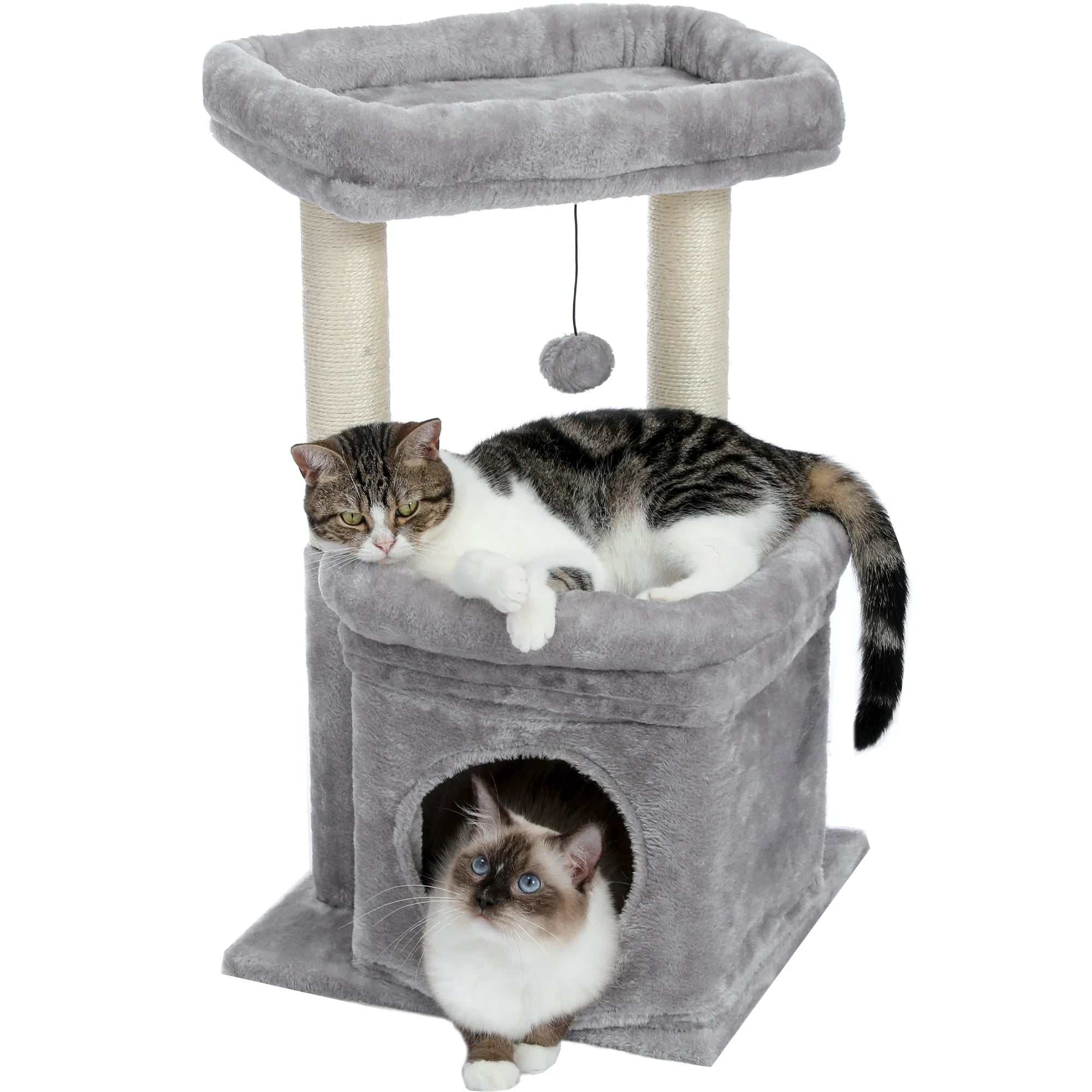 Cozy gray cat tree with multi-level tower, spacious perch, cozy condo, and sisal scratching posts for medium cats