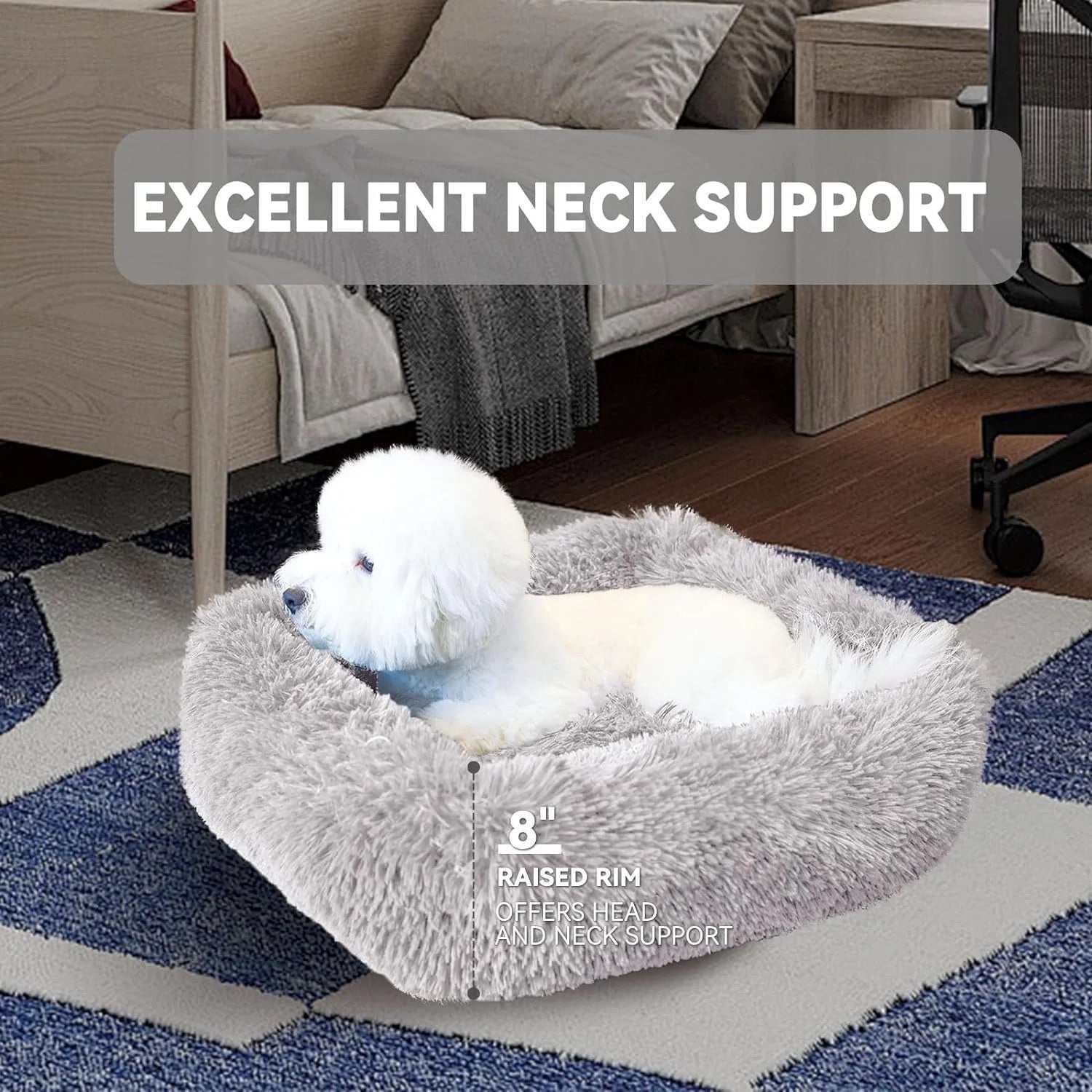 Light gray plush cat bed for indoor cats and small dogs up to 25 lbs with non-slip waterproof bottom