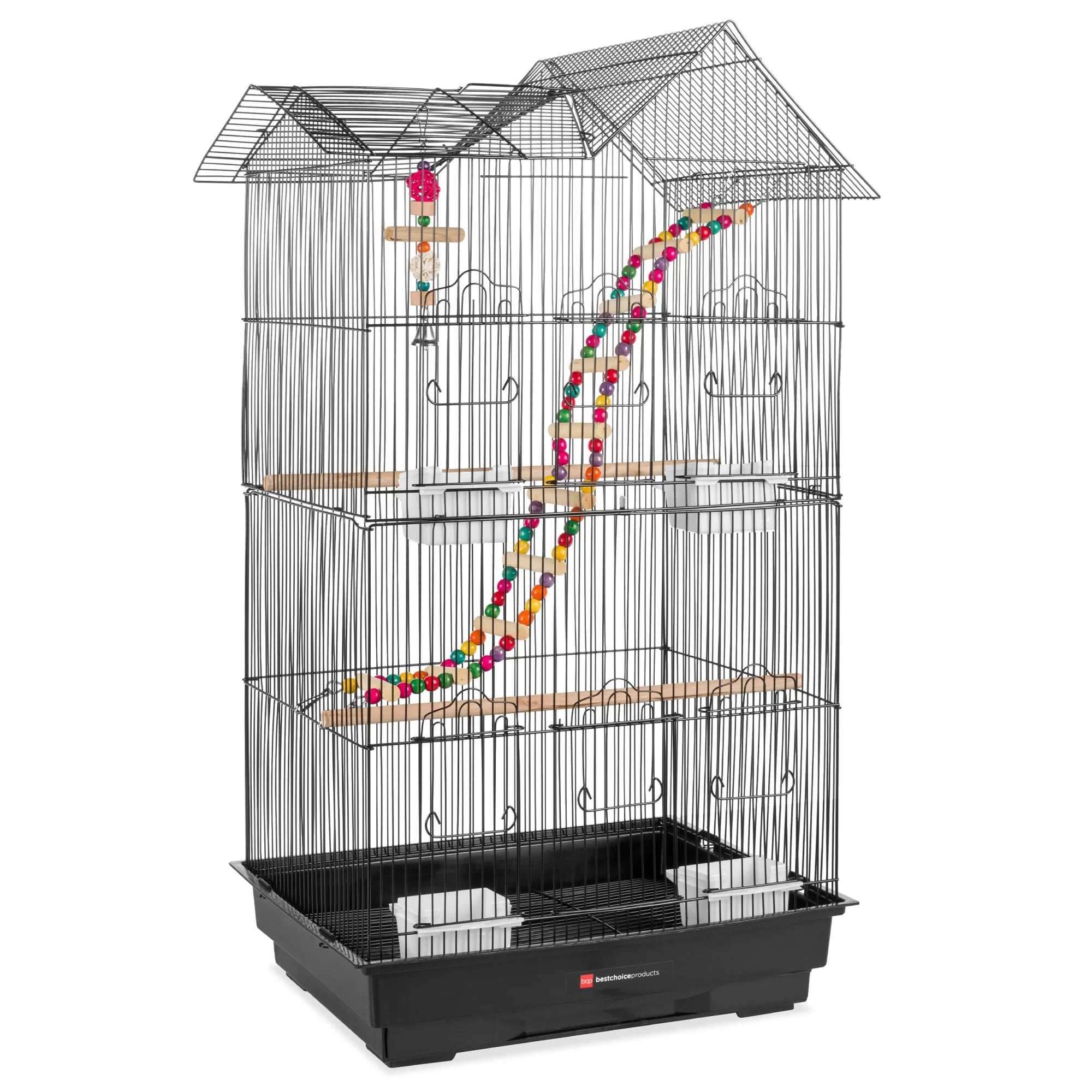 36-inch indoor/outdoor iron bird cage with toys, feeders, and slide-out tray for small to medium birds