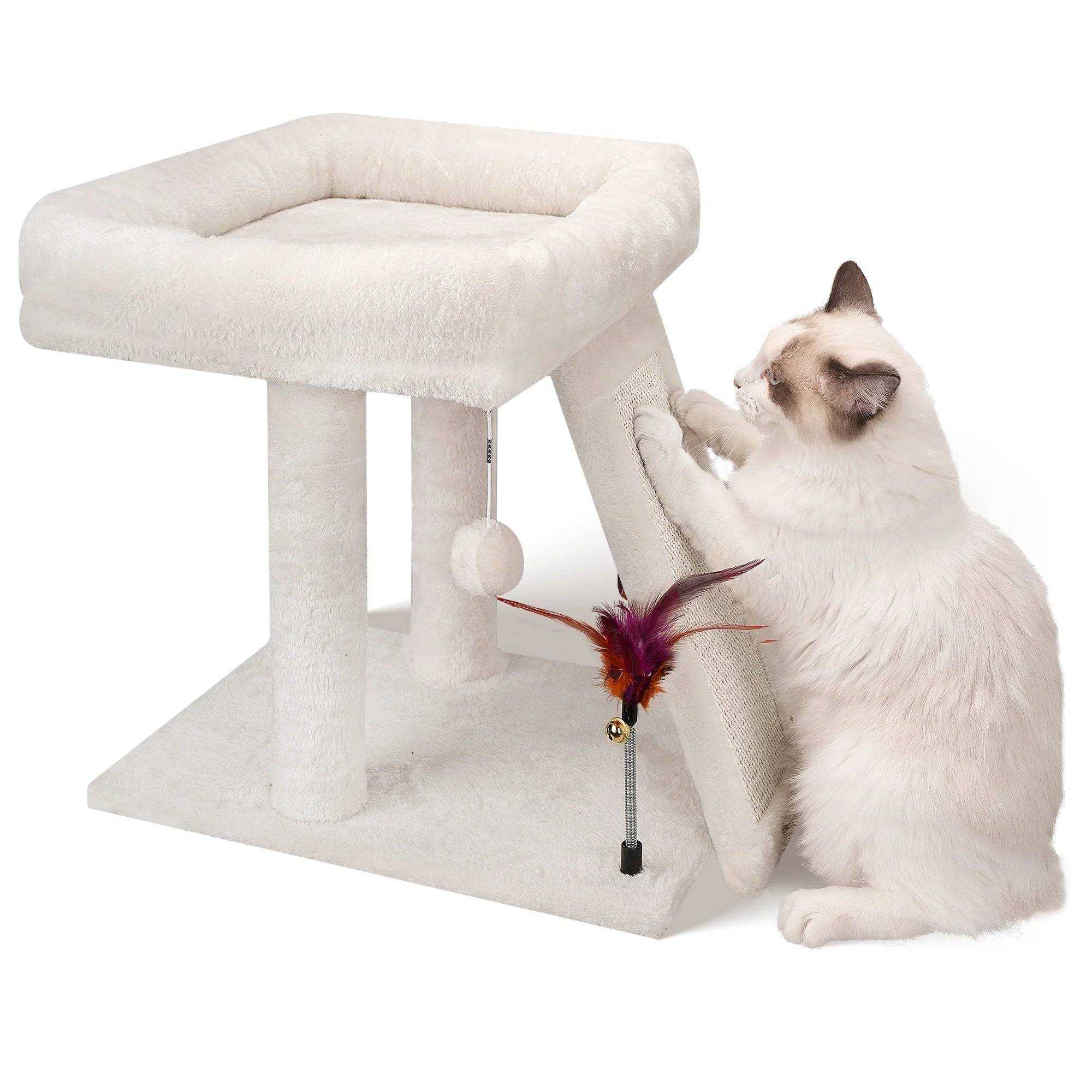 Beige cat tree with condo, hammock, scratch post, and hanging balls for cats