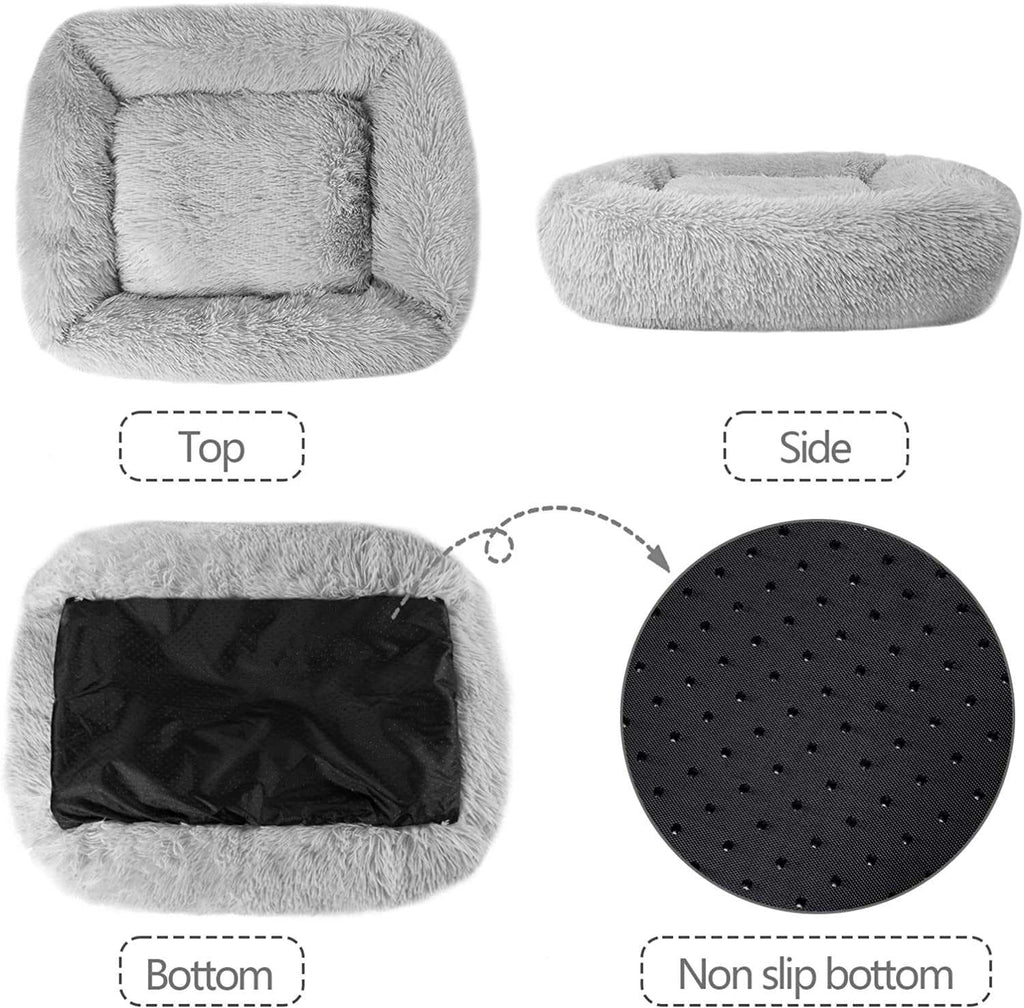 Plush light gray cat bed for indoor cats and small dogs up to 25 lbs with non-slip waterproof bottom