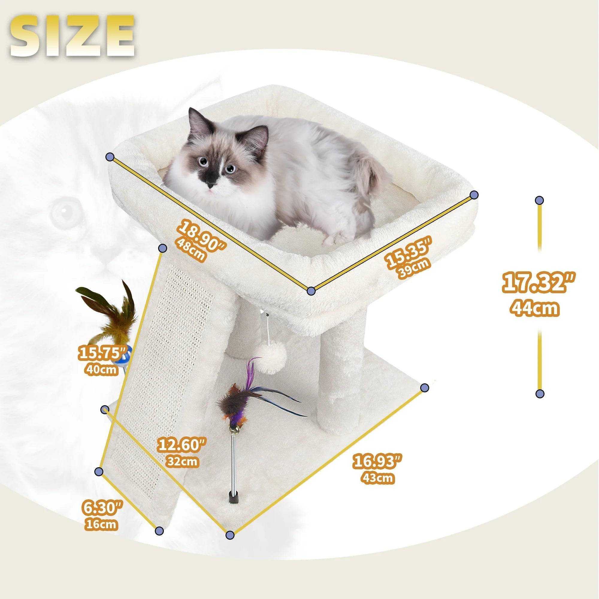 Beige cat tree with condo, scratch post, hammock, and hanging balls for cats