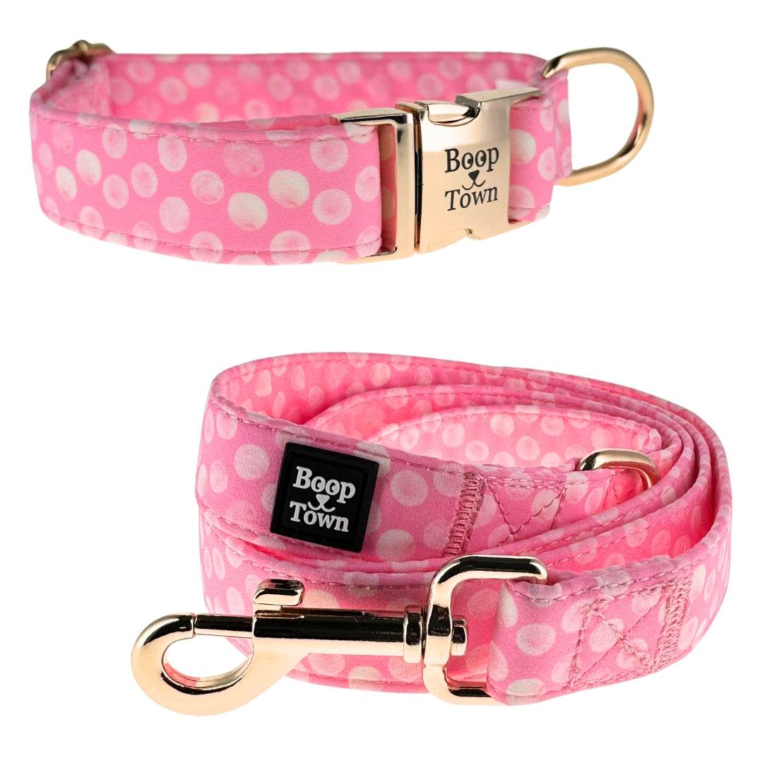 Dog collar and leash set with soft cotton fabric and gold-toned hardware for comfort and style