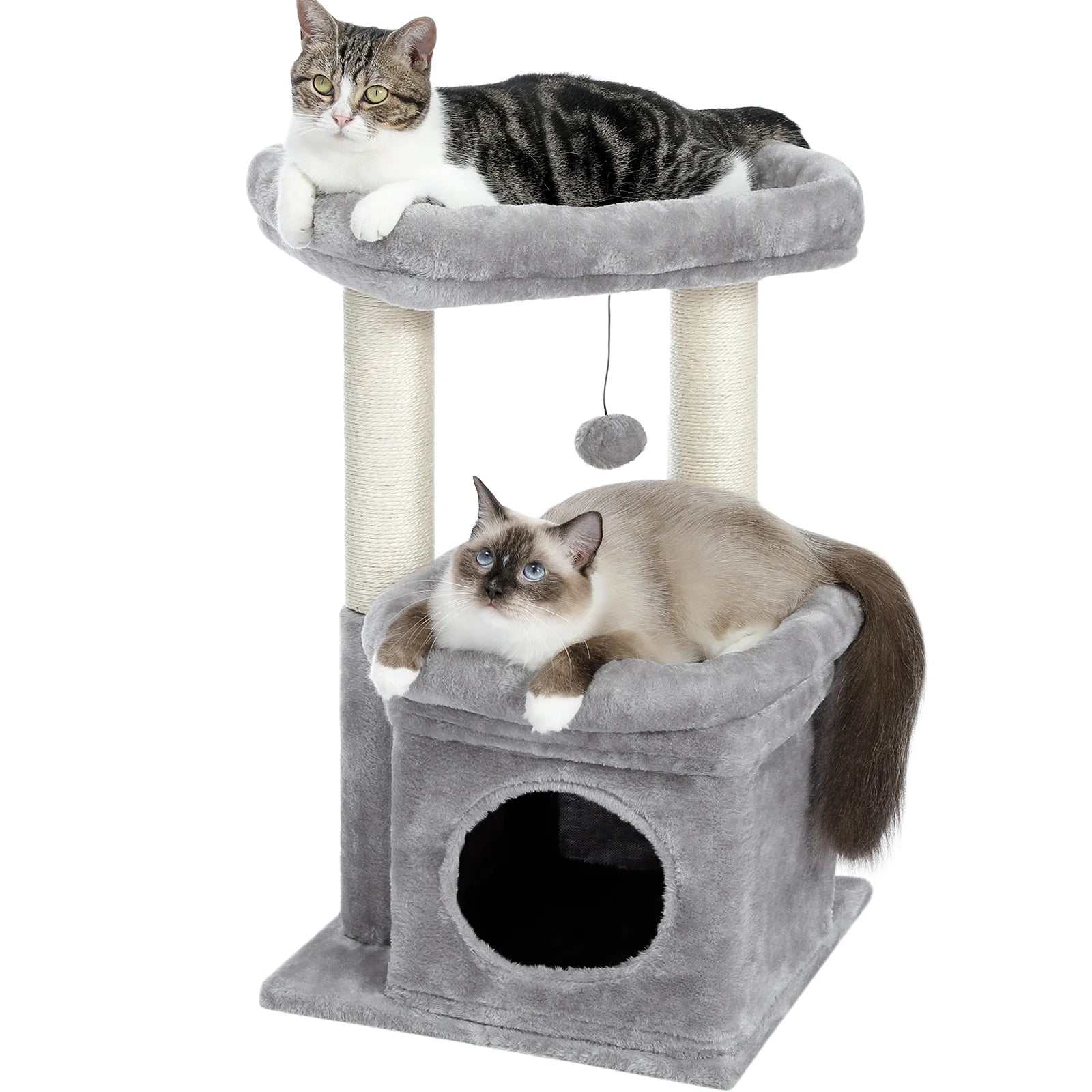 Cozy gray cat tree condo with multi-level tower, plush perch, and sisal scratching posts for medium cats