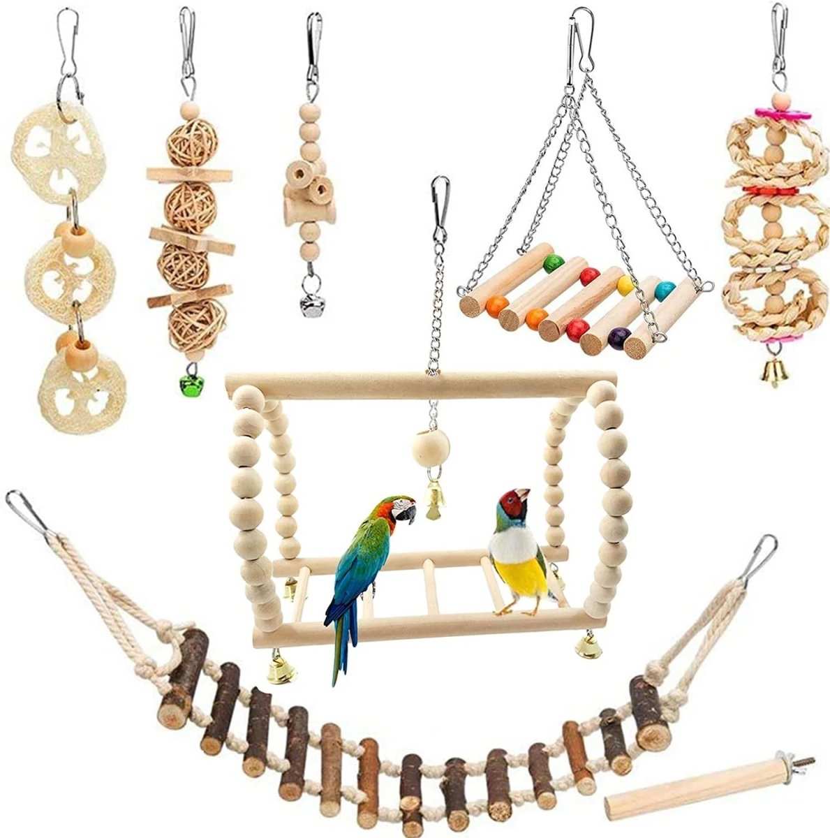 8 pack bird toys for cage accessories including perch, ladder, hammock, swing, and chewing toys for small to medium birds