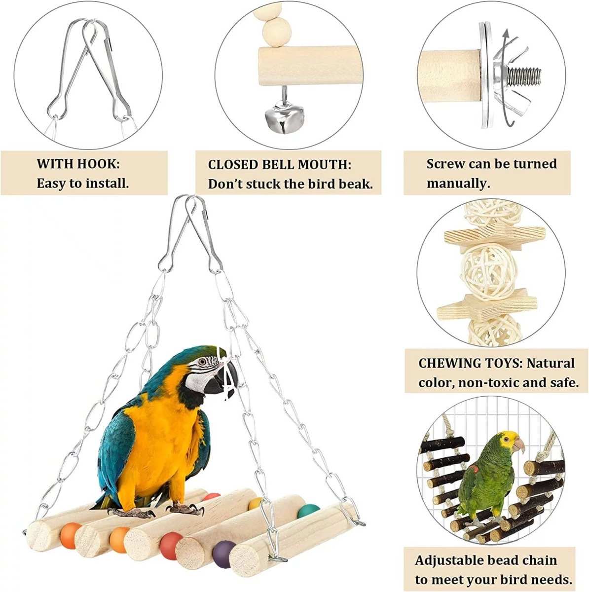 8 pack bird toys for cage accessories including perch, ladder, hammock, swings, and chewing toys for small to medium birds