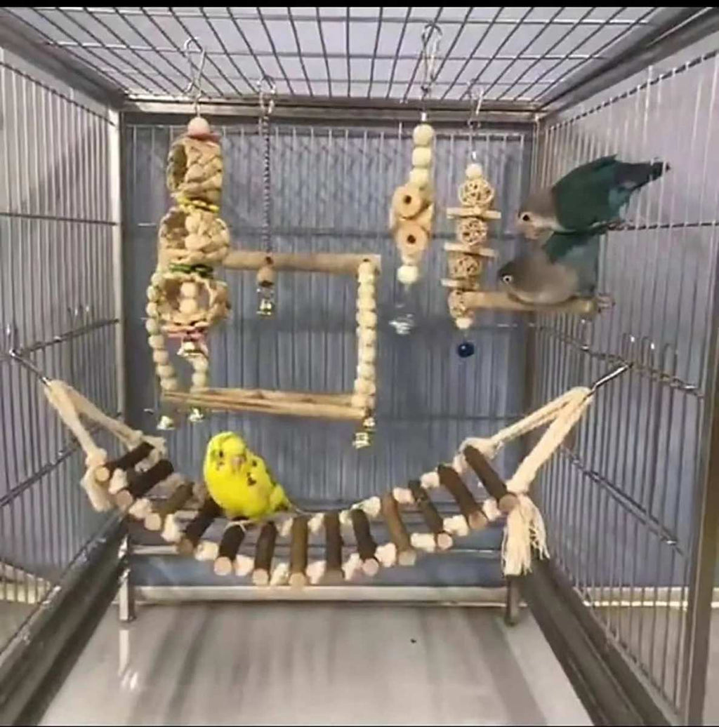 8 pack bird toys for cage accessories including perch, ladder, hammock, swings, and chewing toys for small to medium birds