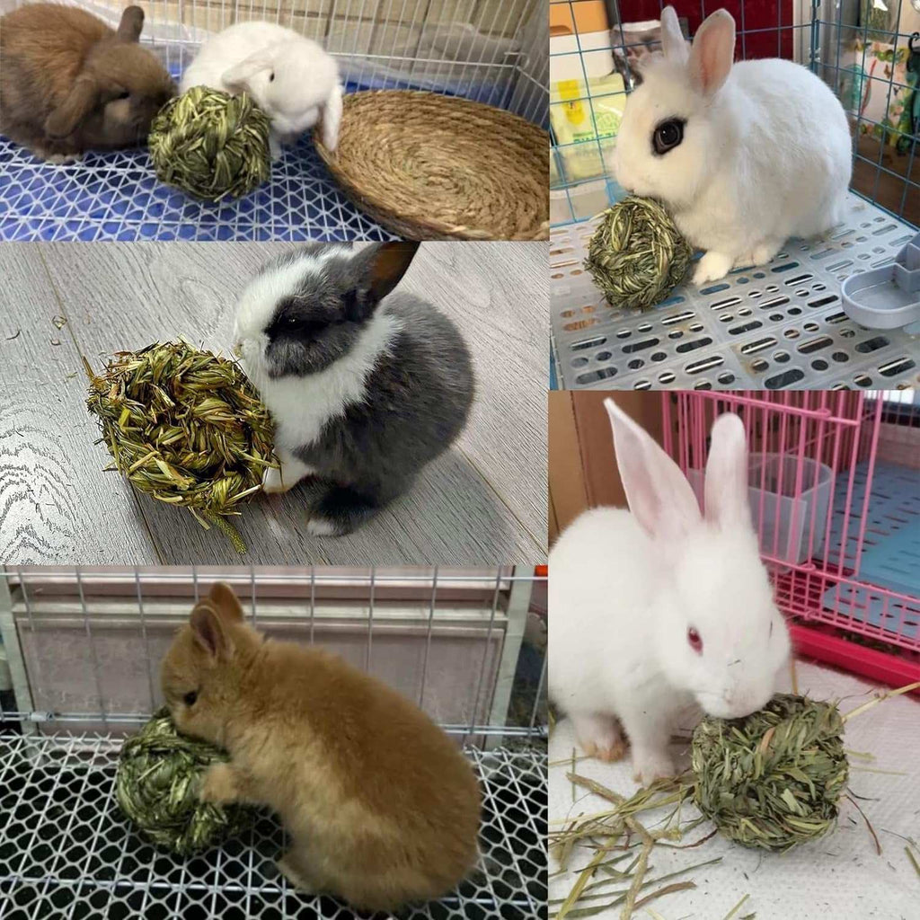 Three natural timothy grass chew balls for small pets like rabbits, hamsters, and guinea pigs
