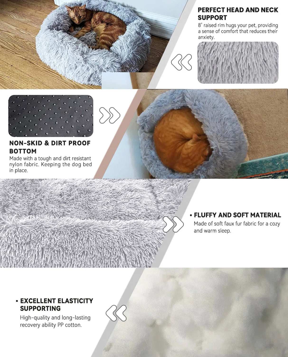 Light gray plush cat bed for indoor cats and small dogs up to 25 lbs with non-slip waterproof bottom