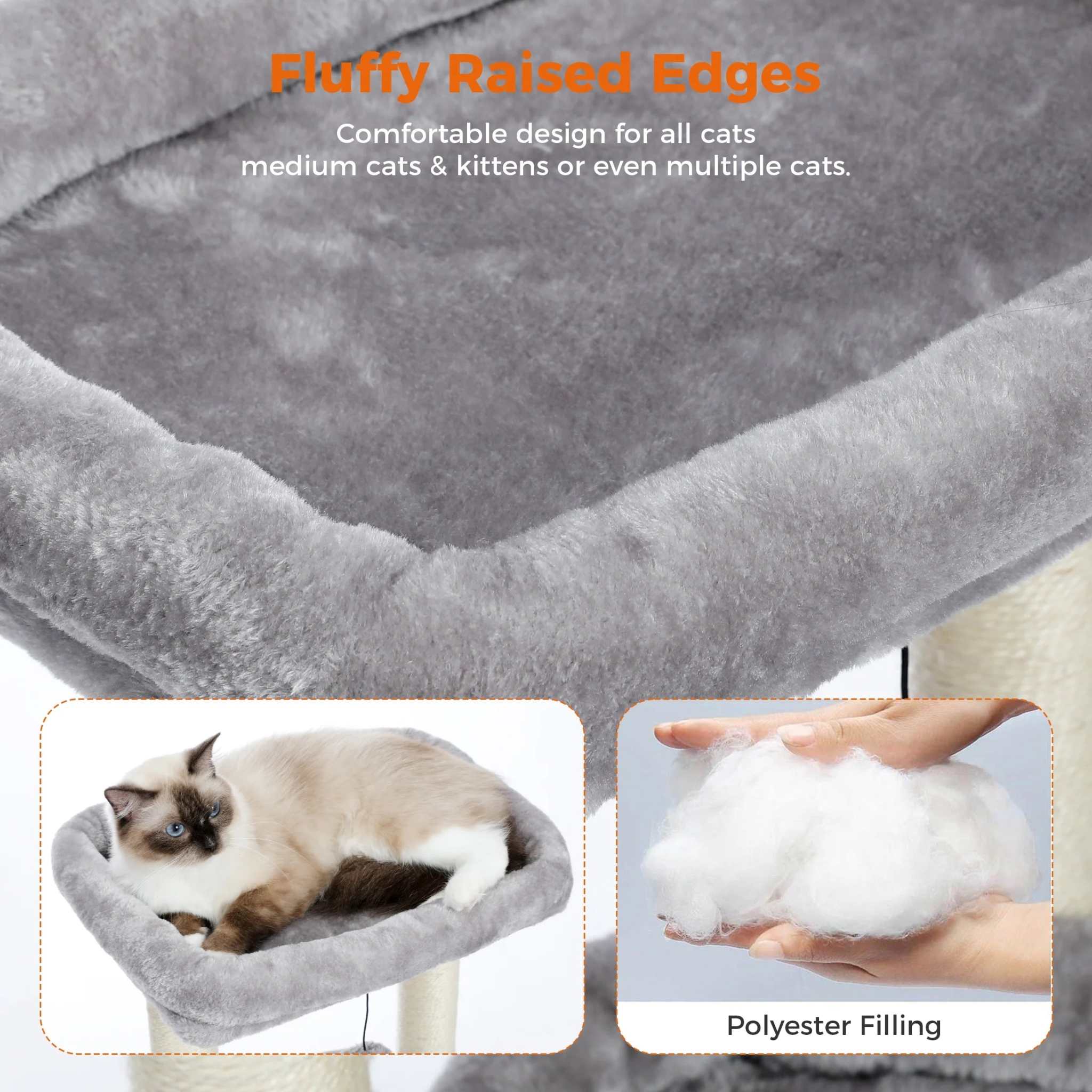 Cozy gray cat tree with multi-level tower, condo, sisal scratching posts, and spacious perch for medium cats