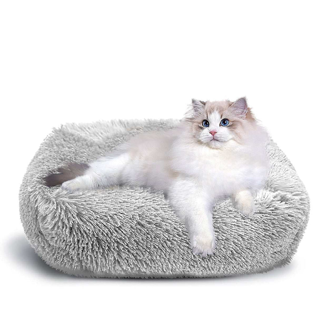 Light gray plush cat bed for indoor cats and small dogs up to 25 lbs with non-slip waterproof bottom