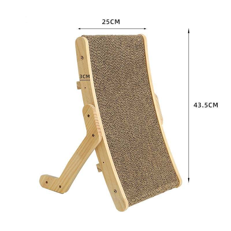 Deformation cat bed made of vertical corrugated paper with replaceable core and adjustable wooden frame for scratching and resting pets