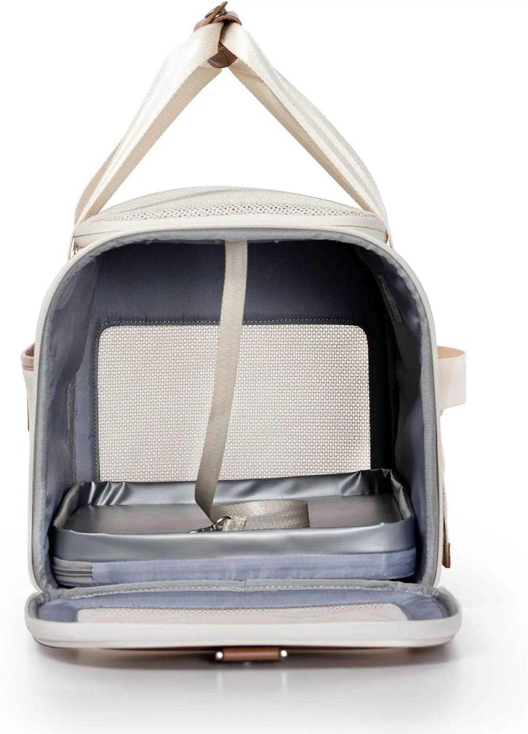 Argo Pawsport Pet Carrier with breathable mesh, trolley strap, and magnetic seatbelt lock for airline travel