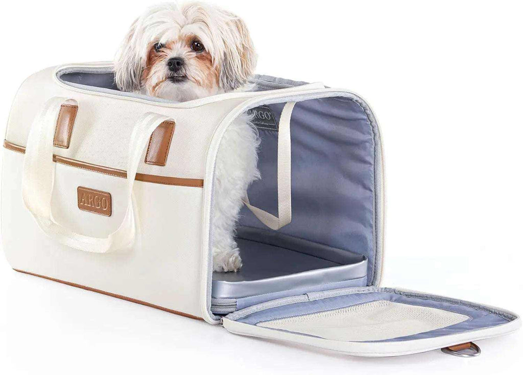 Argo Pawsport Pet Carrier with breathable mesh, trolley strap, and magnetic seatbelt lock for airline travel
