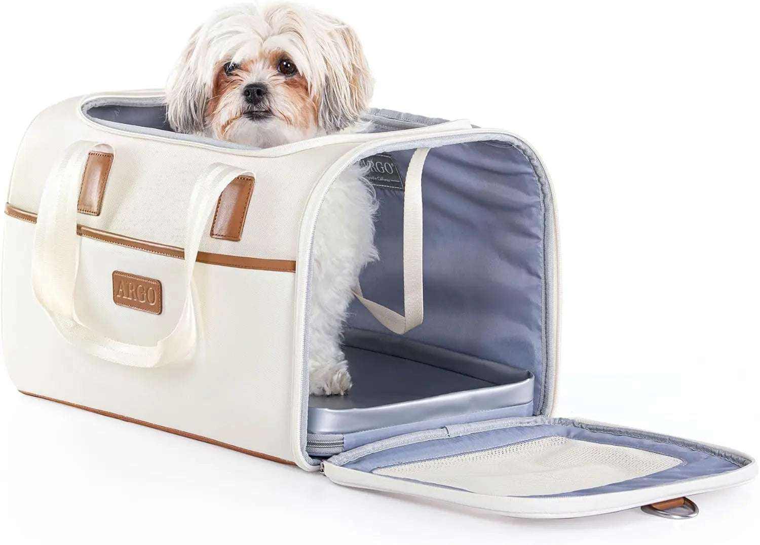 Argo Pawsport Pet Carrier with breathable mesh, trolley strap, and magnetic seatbelt lock for airline travel
