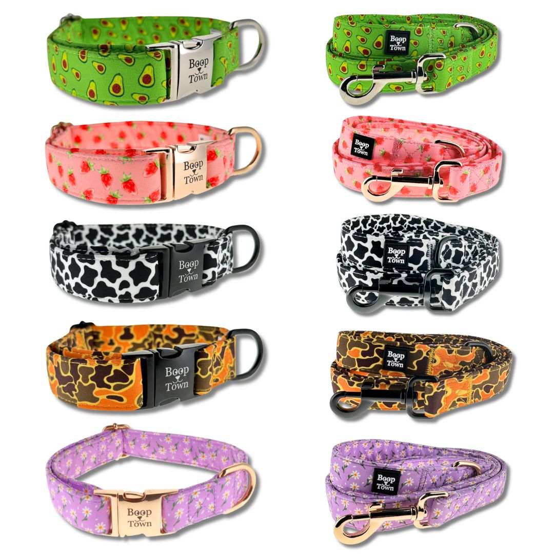 Dog collar and leash set with soft cotton fabric and gold-toned hardware for comfort and style