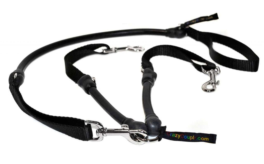 Two dogs walking side-by-side with CRAZYcoupl’r™ tangle-free double dog leash connector