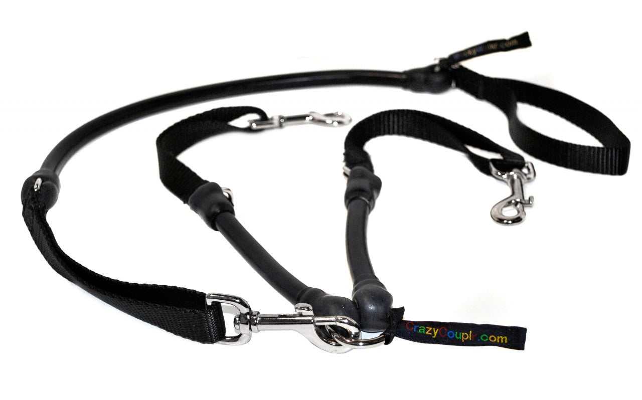 Two dogs walking side-by-side with CRAZYcoupl’r™ tangle-free double dog leash connector