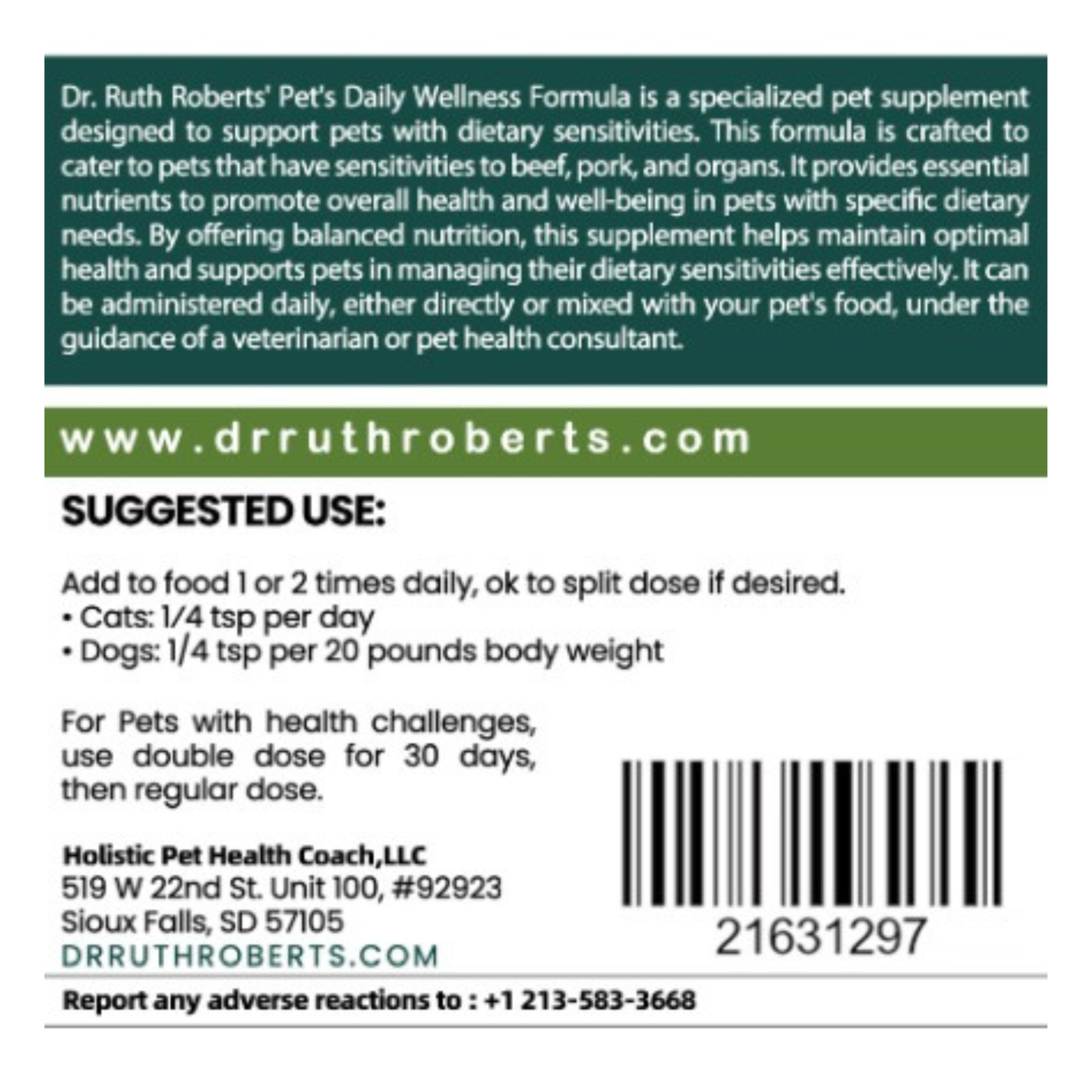 Pet's Daily Wellness Formula powdered multivitamin for pets with pork and beef allergies