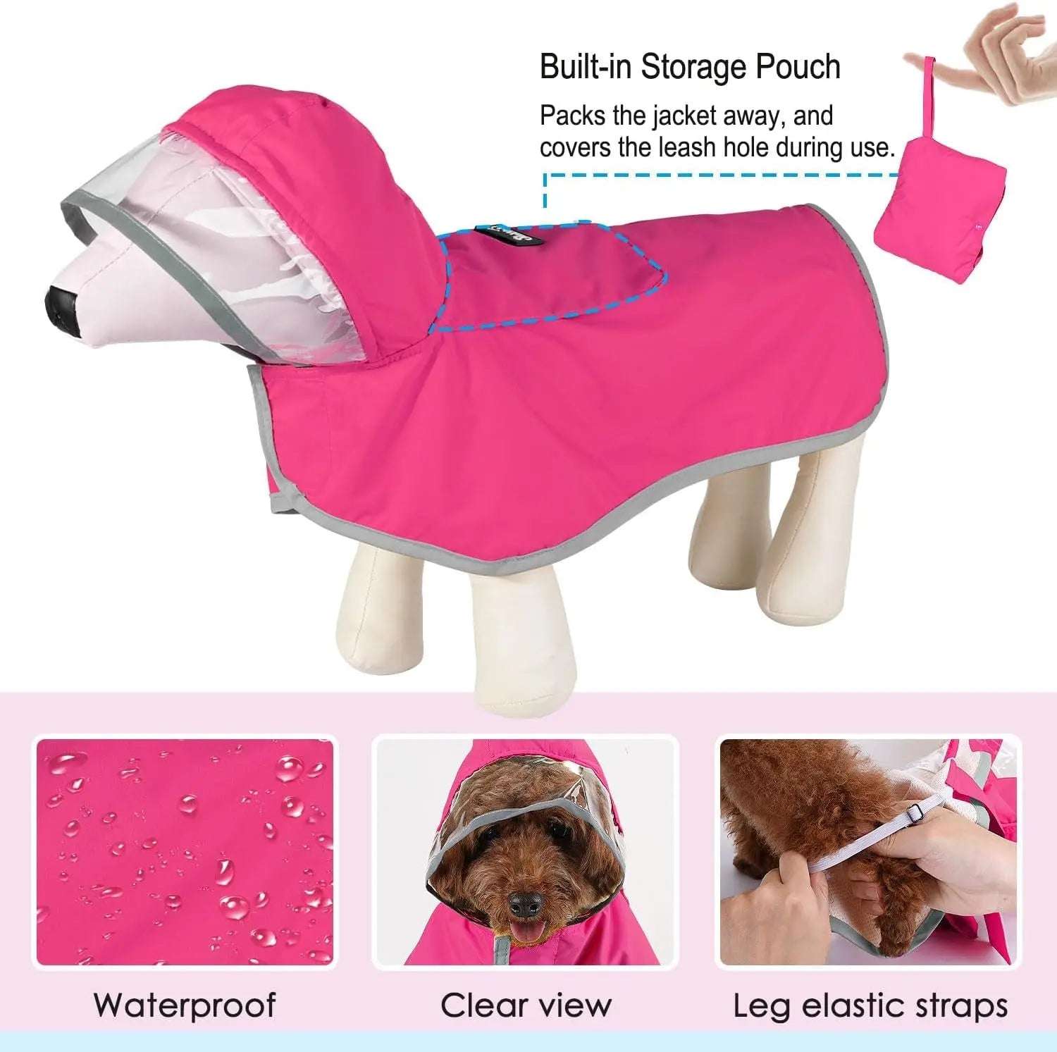 Waterproof Dog Raincoat with Clear Hood and Adjustable Fit