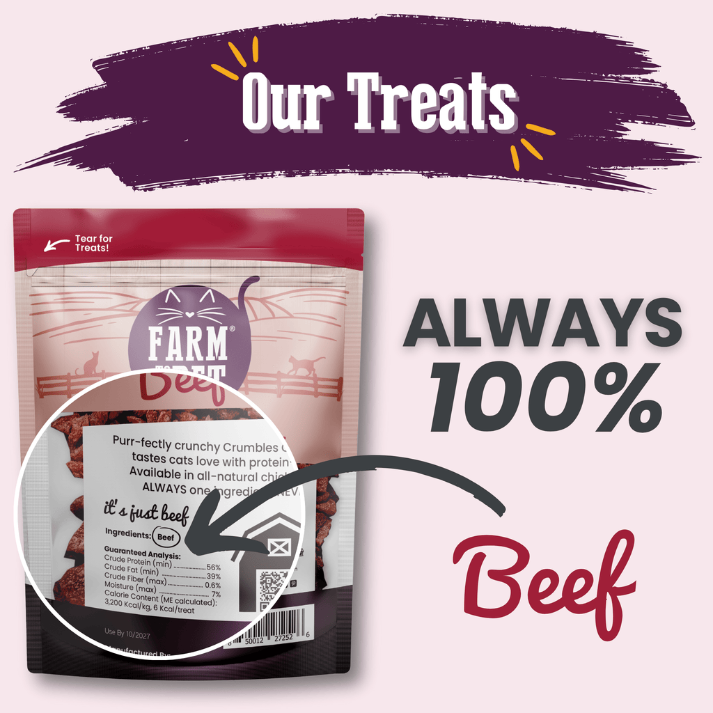 Farm to Pet Beef Crumbles cat treats, high-protein grain-free beef snacks for cats