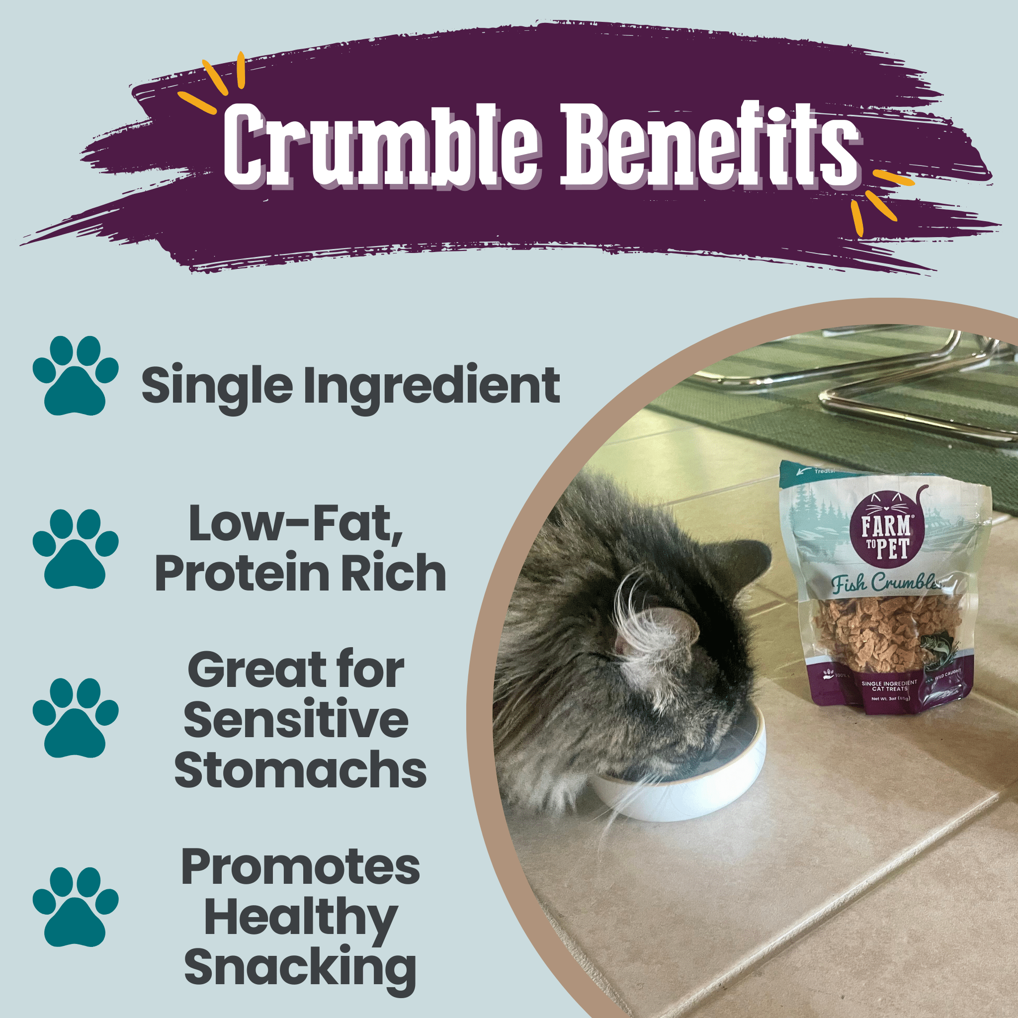 Crunchy Fish Crumbles for Cats made from 100% human-grade walleye fillets, grain-free and high in omega-3 nutrients